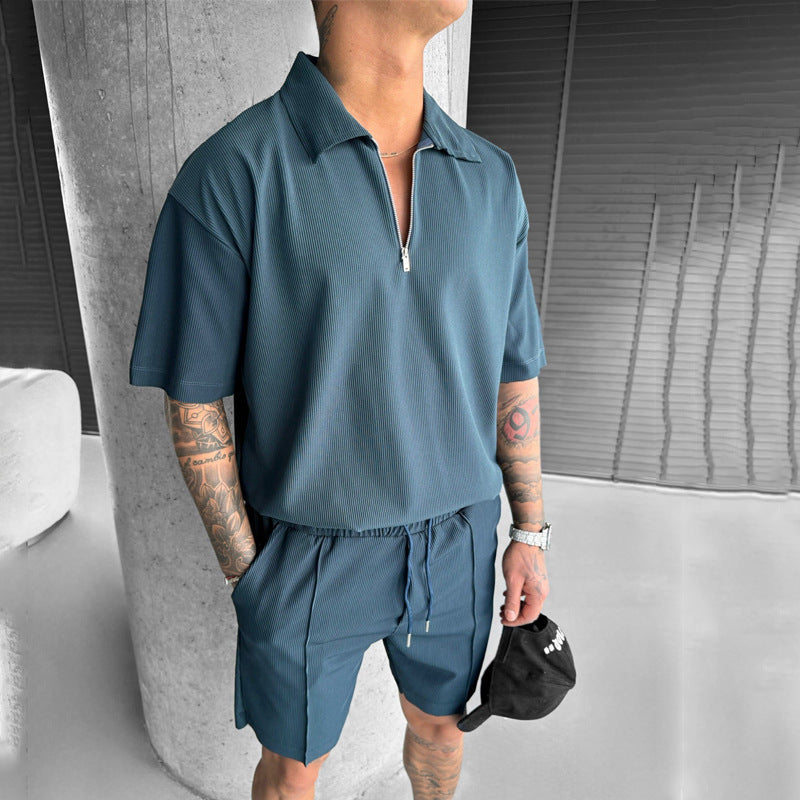 Zipper Polo Short Sleeve & Drawstring Shorts Men's Set
