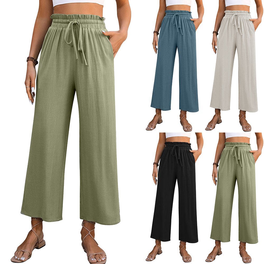 Drawstring High Waist Straight Pants Summer Casual Loose Wide Leg Trousers