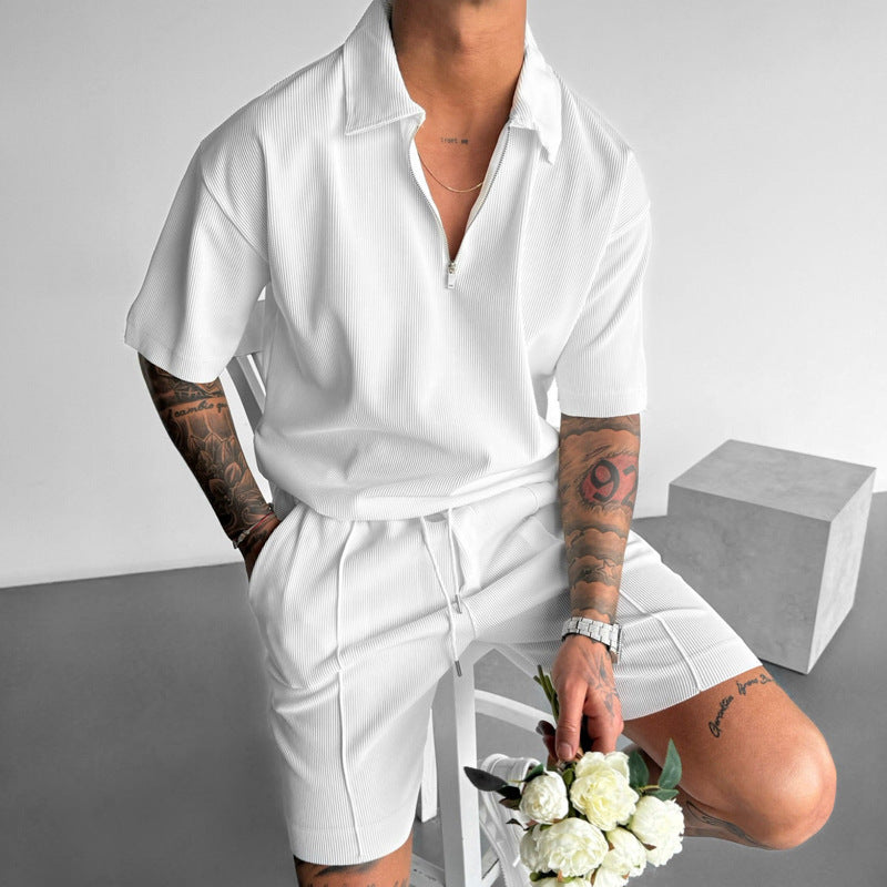 Zipper Polo Short Sleeve & Drawstring Shorts Men's Set