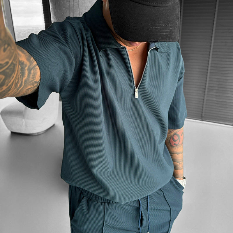 Zipper Polo Short Sleeve & Drawstring Shorts Men's Set