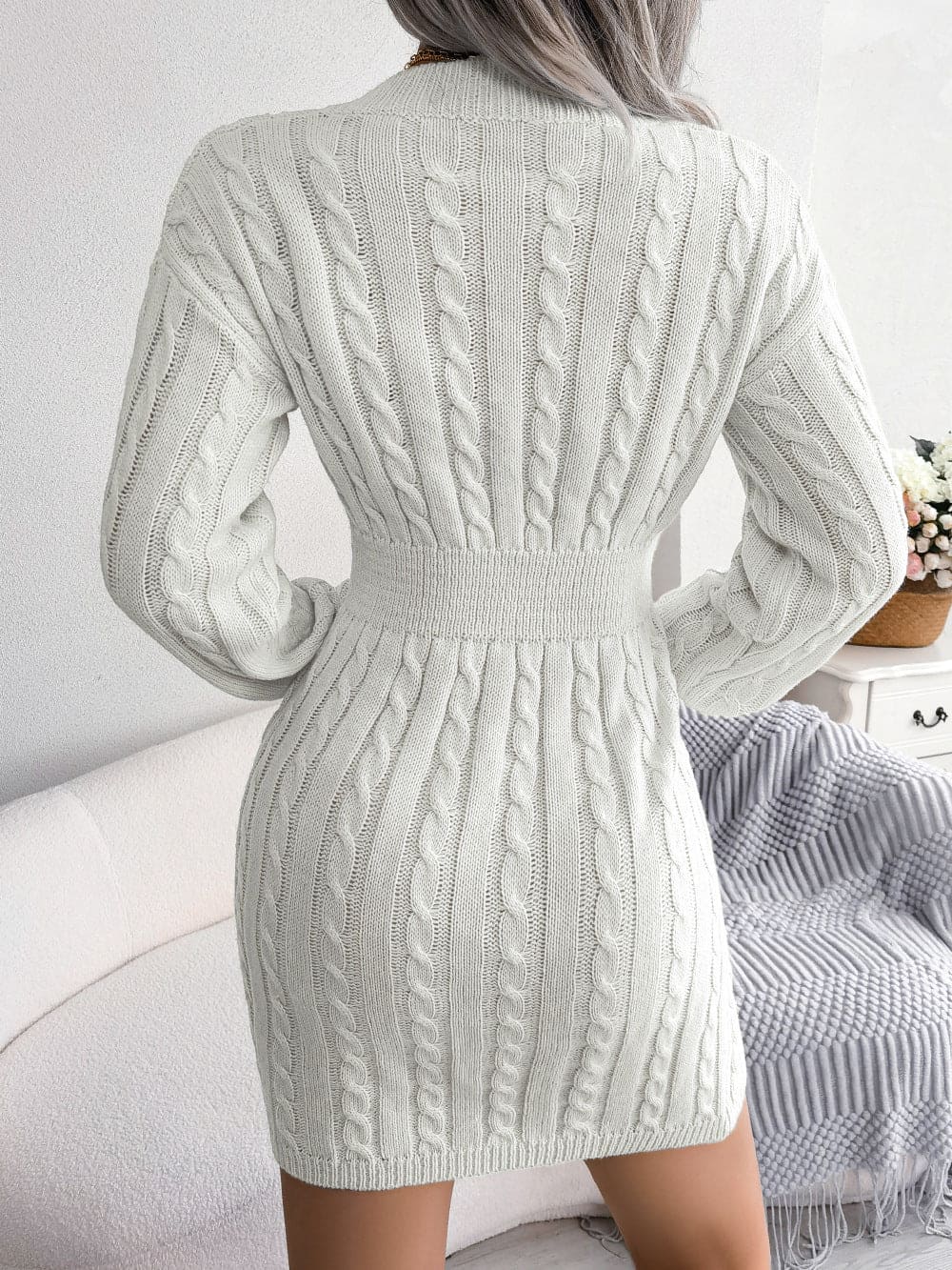 Solid Color V-Neck Long Sleeve Knit Dress