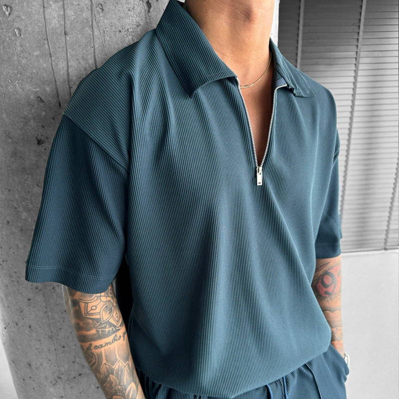 Zipper Polo Short Sleeve & Drawstring Shorts Men's Set