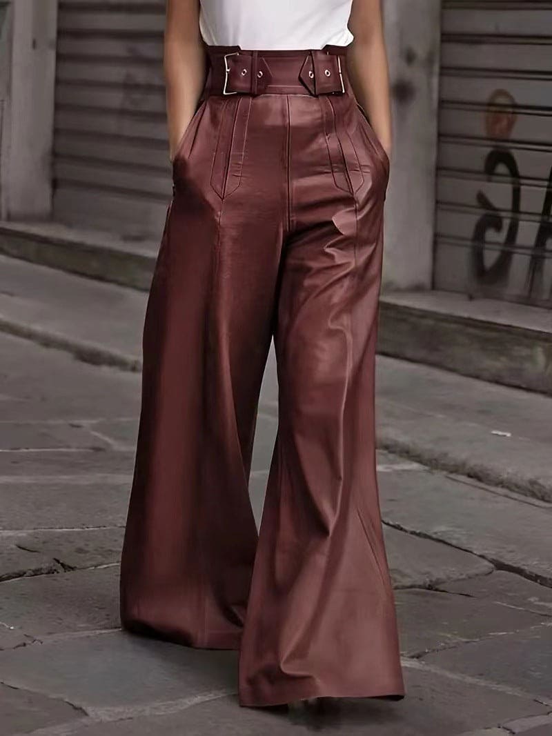 Fashion high waist leather pants with pockets