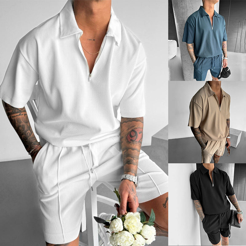 Zipper Polo Short Sleeve & Drawstring Shorts Men's Set
