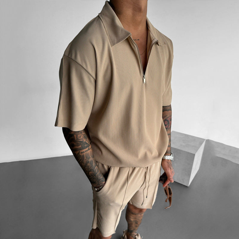 Zipper Polo Short Sleeve & Drawstring Shorts Men's Set