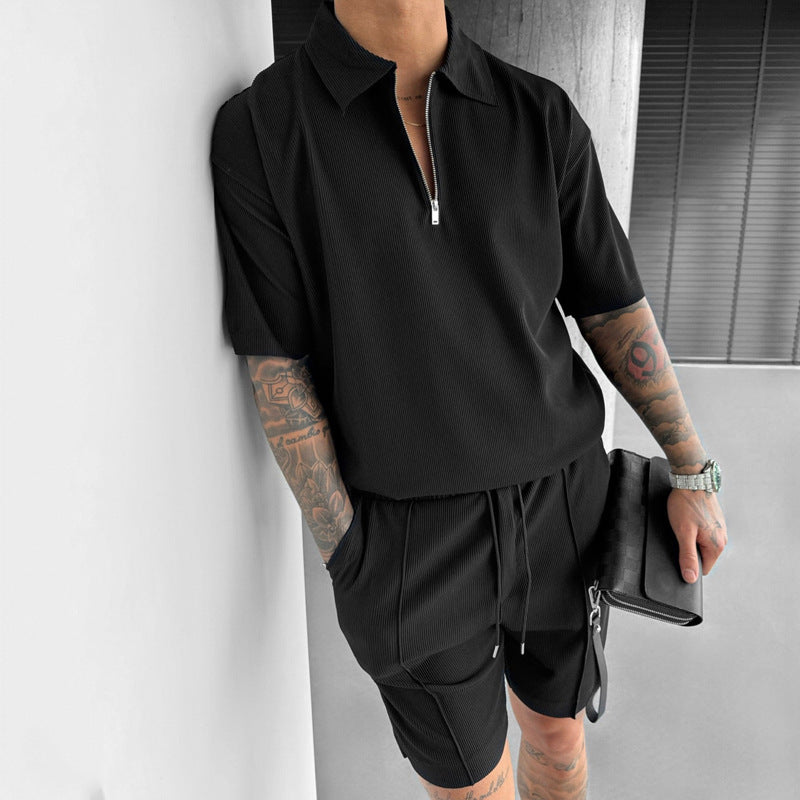 Zipper Polo Short Sleeve & Drawstring Shorts Men's Set