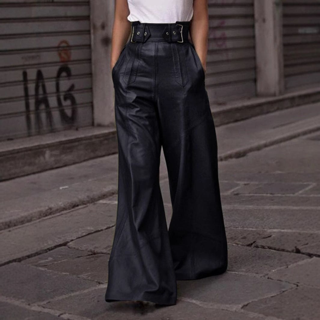 Fashion high waist leather pants with pockets